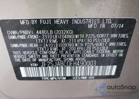 2015 Subaru Forester 2.5I from USA, damaged, VIN JF2SJABC0FH490003